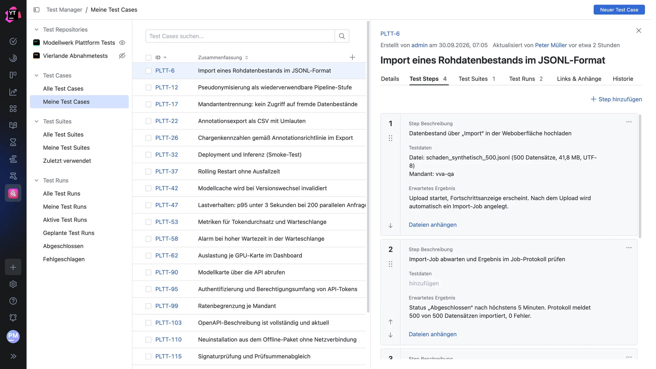 Ansicht „Meine Test Cases“ mit Test Steps eines Test Cases