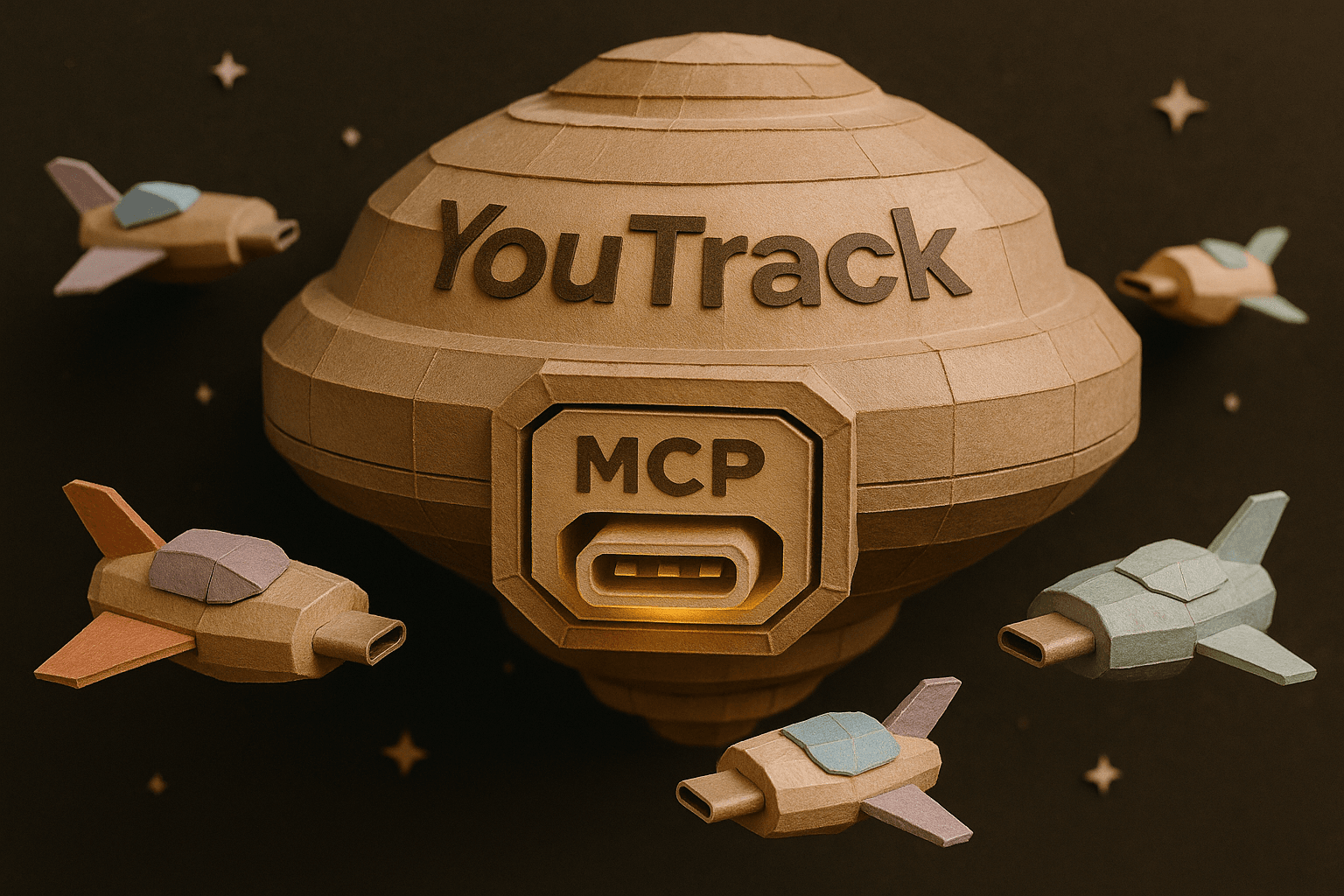 Verschiedene KI-Tool-Raumschiffe docken mit USB-Ports an das zentrale YouTrack-Raumschiff an