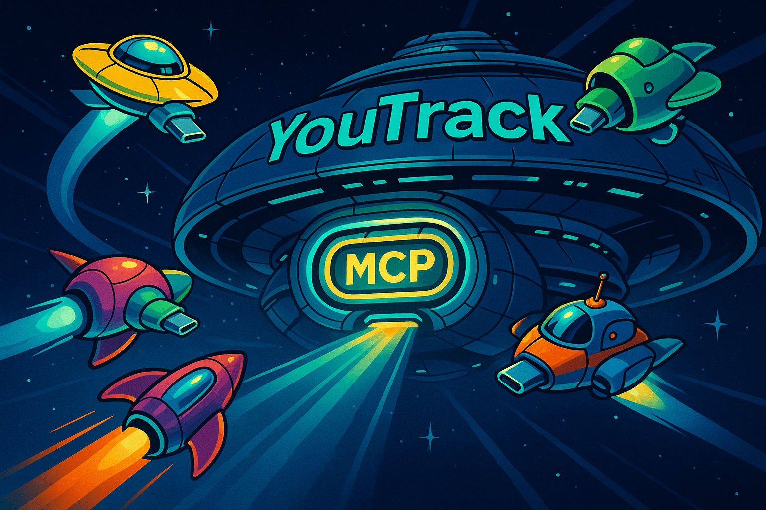 Großes YouTrack-Raumschiff mit USB-Buchse, an das KI-Tool-Raumschiffe mit USB-Ports andocken