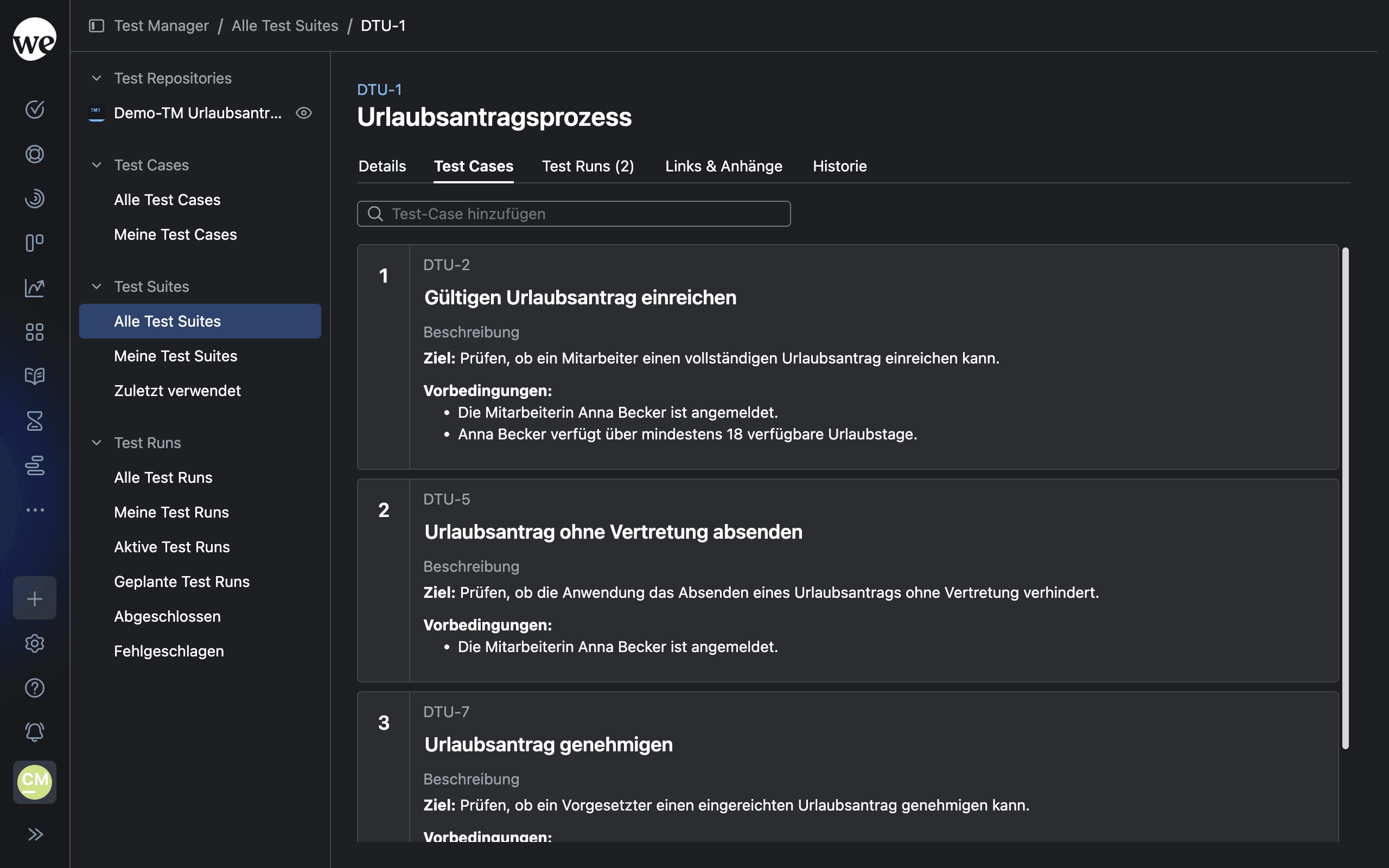 Test Suite mit strukturierter Liste ihrer Test Cases
