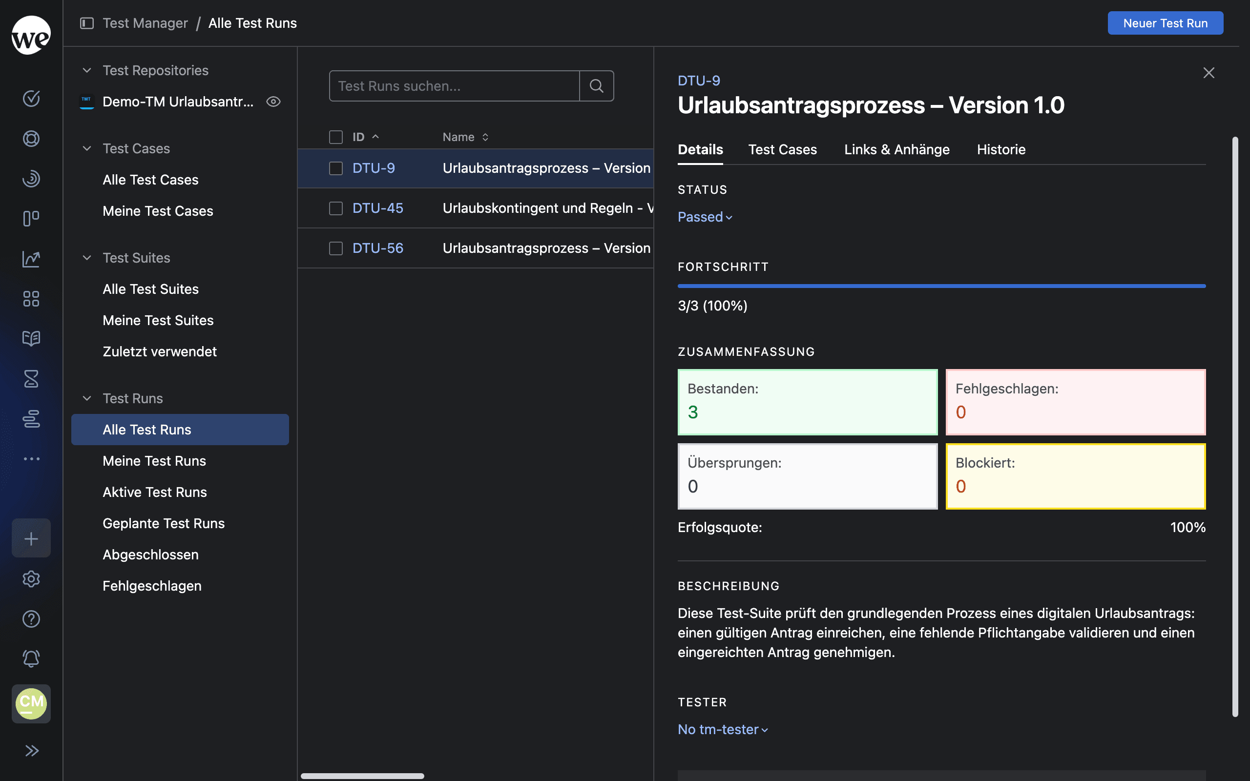 Test Run mit Fortschritt und Ergebnis-Zusammenfassung
